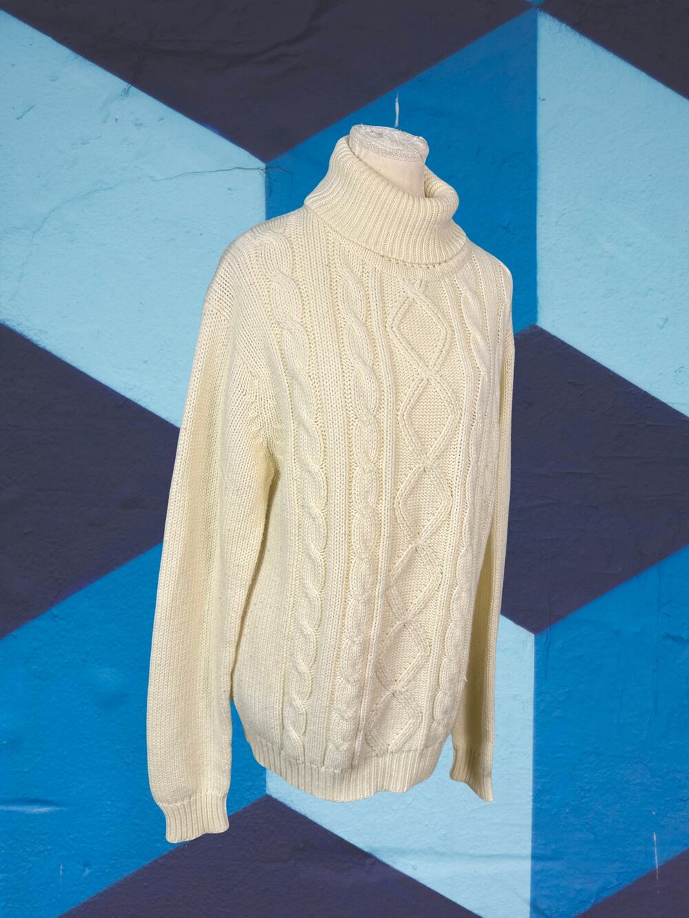 Vintage 70s Sears Kings Road Shop Ivory Chunky Cable Knit Fisherman Sweater M